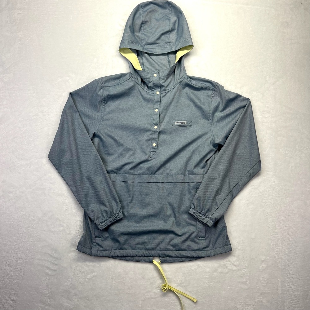 Columbia PFG Anorak Windbreaker Womens Small Blue Gray Snap Pullover Hooded‎